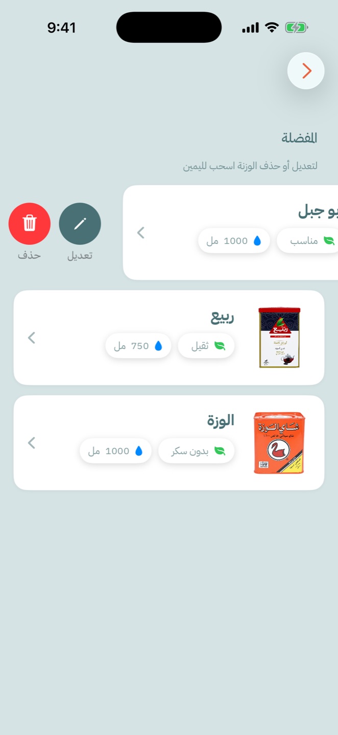 قائمة المفضلة مع زرّي تعديل وحذف